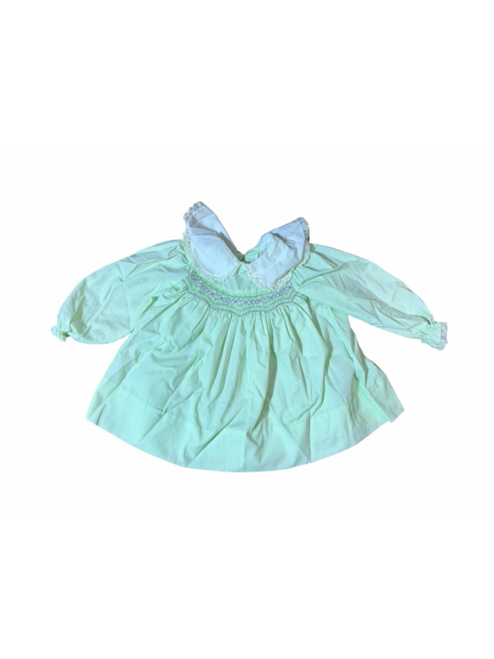 Polly Flinders Vintage Smocked Baby Dress Light Green Heirloom Lace Collar